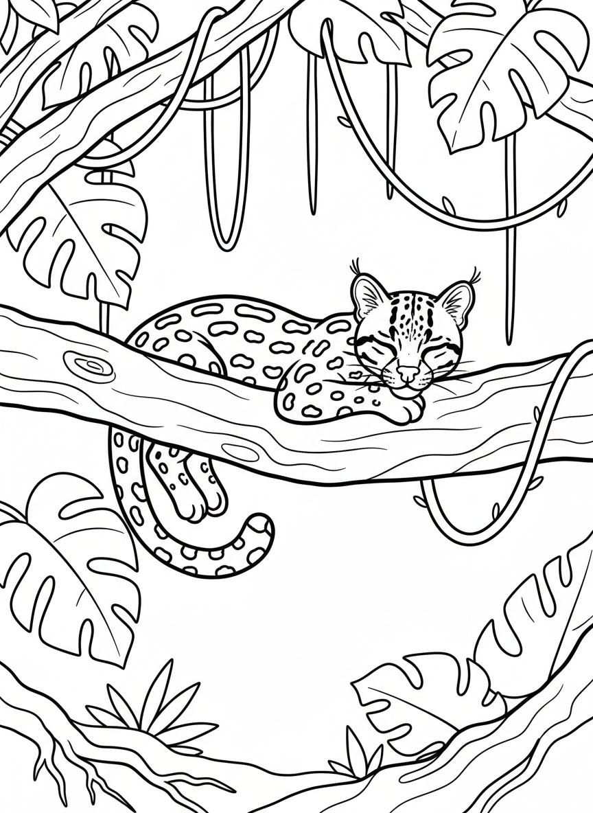 An ocelot resting on a low tree branch, with spotted coat pattern, pointed ears, and jungle vines hanging down.