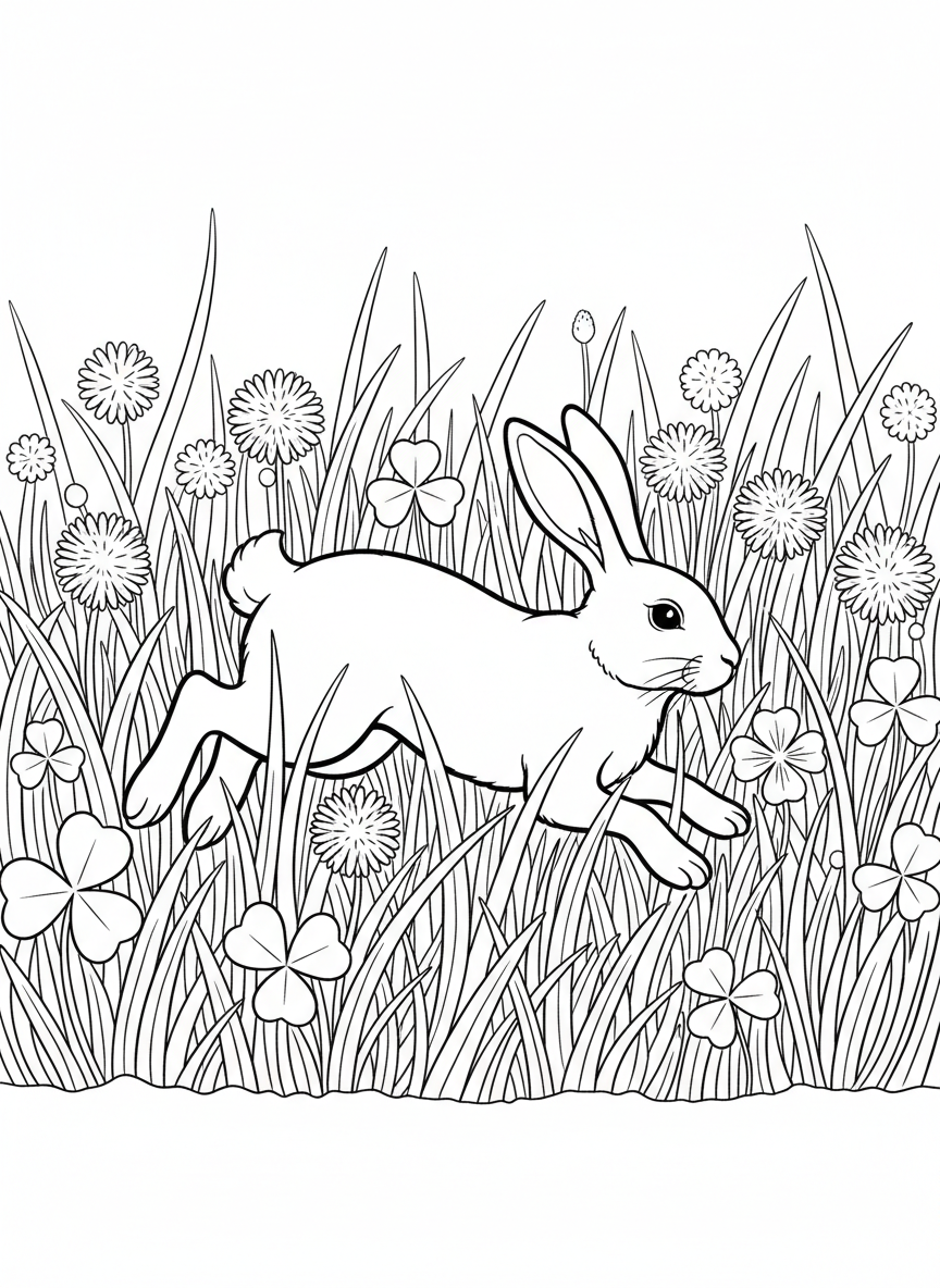 A rabbit hopping through tall grass with dandelions and clover flowers, line art illustration