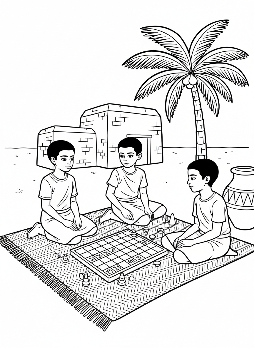 Egyptian children playing a board game similar to Senet on the floor, with game pieces and a decorated game board between them.