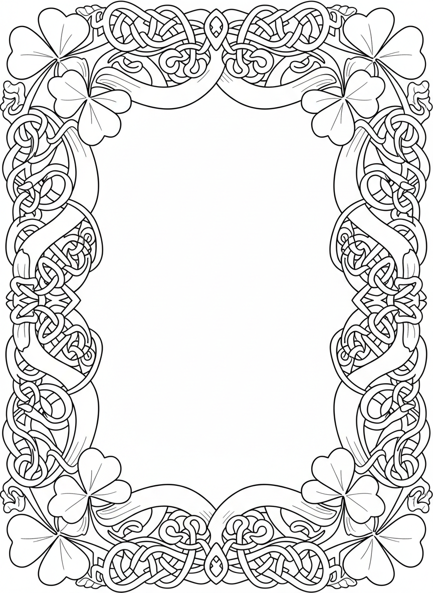 A decorative border frame made of intertwined shamrocks, Celtic knots, and ribbons, with space in the center for creative coloring.