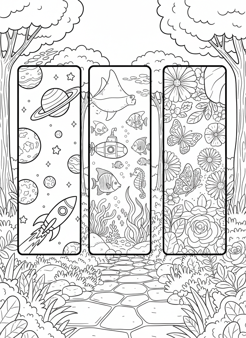 Three rectangular bookmarks with different themes: outer space with planets, underwater with fish, and garden with butterflies and flowers