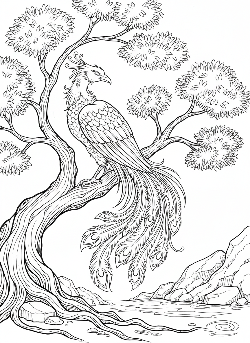 A phoenix perched in a magical tree with glowing leaves, its tail feathers cascading down the branches.