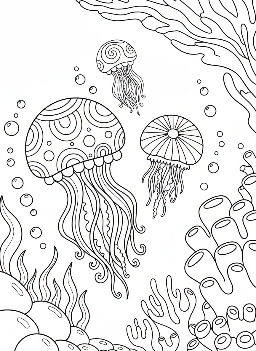 A group of three small jellyfish of different sizes floating together, each with unique bell patterns and wavy tentacles, perfect for young children to color.