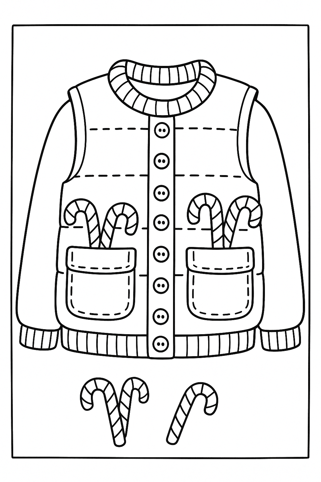 ugly sweater: The Puffy Vest: A sweater vest design with excessive buttons and pockets overflowing with candy canes.