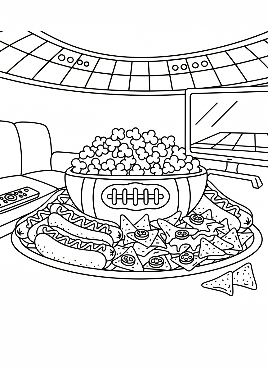 A plate of game-day snacks including hot dogs, popcorn, and nachos with a football-shaped bowl, fun food scene