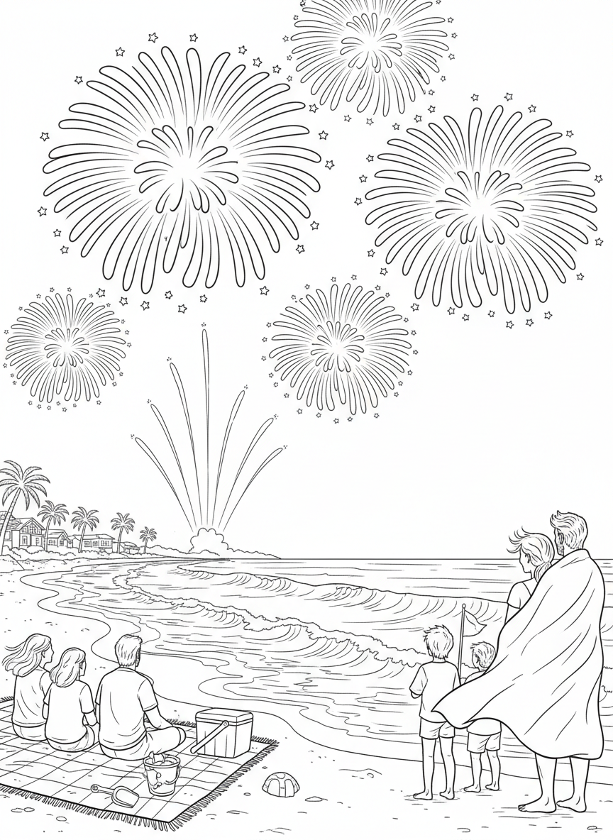 Fourth of July coloring page prompts celebrating summer patriotism, fireworks, parades, backyard traditions, and small-town American scenes.	A coastal fireworks show over the ocean, waves rolling gently onto the shore as families gather on the sand with blankets, beach toys, and cool evening breezes.