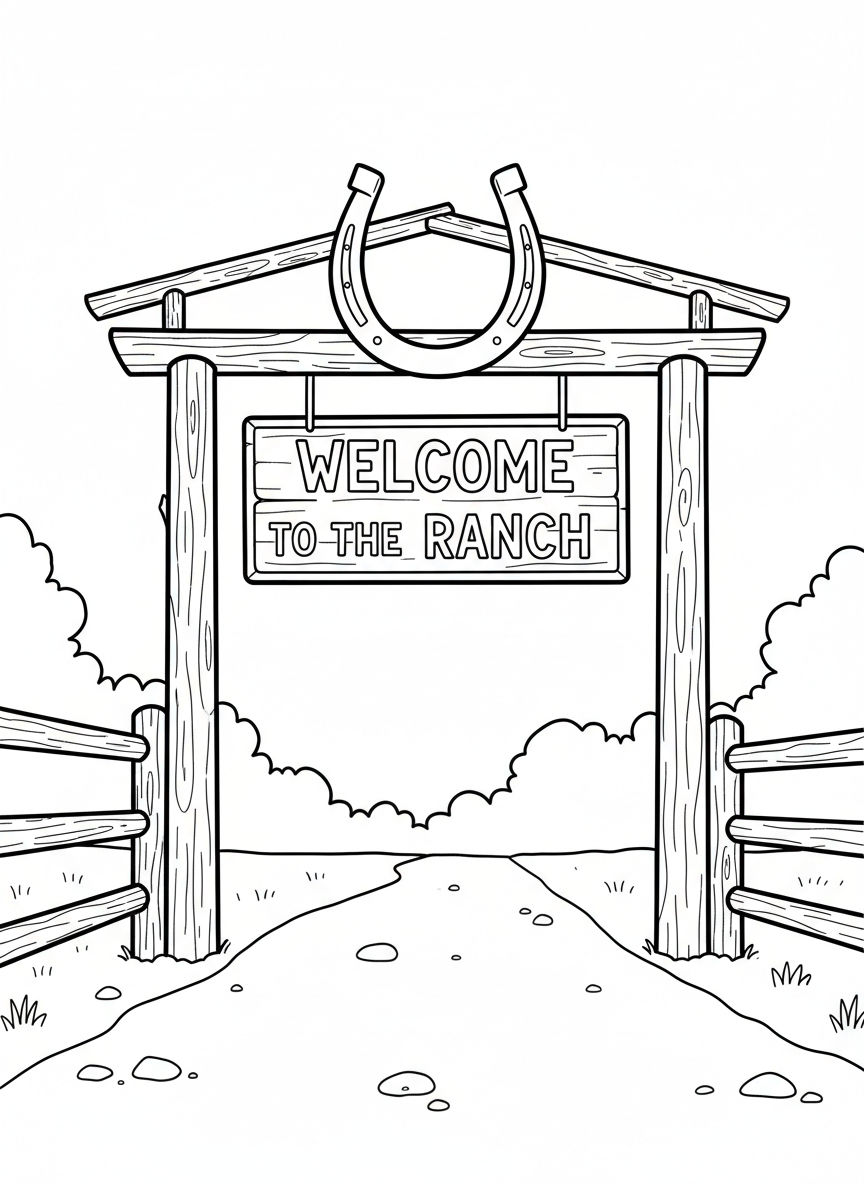 A ranch entrance with a tall wooden gate featuring a horseshoe arch and a sign reading 'Welcome to the Ranch'.