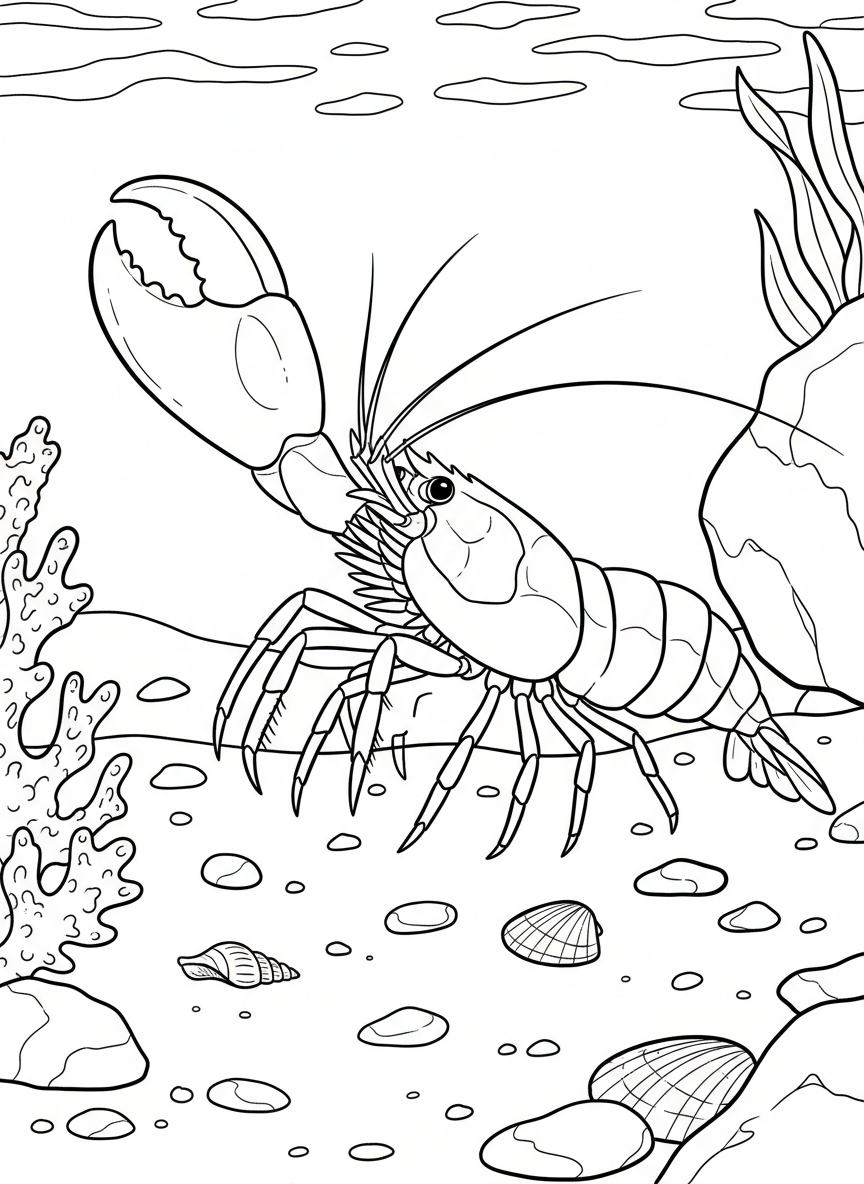 A detailed pistol shrimp with one large claw raised, standing on sandy tide pool bottom with scattered pebbles and shells.