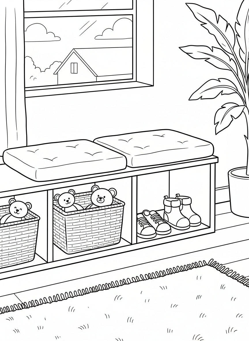 A storage bench with cubbies underneath filled with baskets, shoes, and toys, with cushions on top for seating