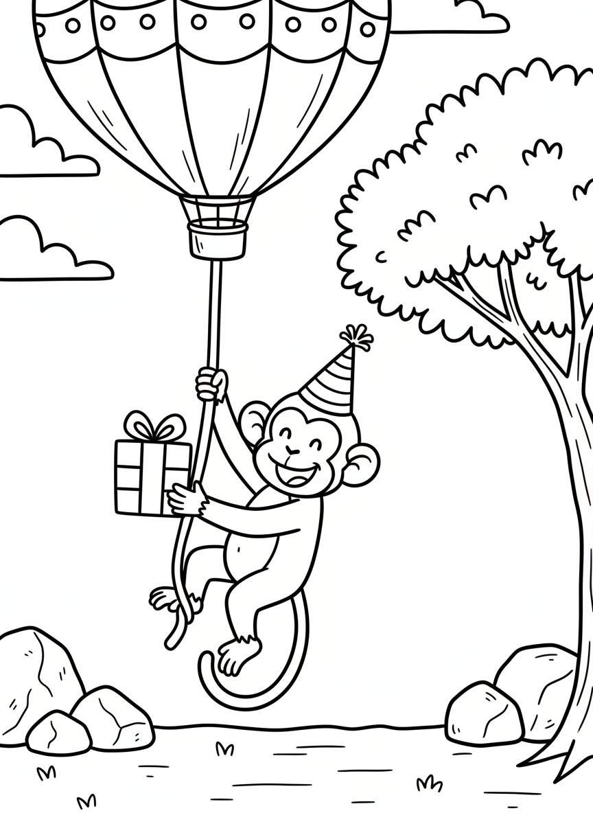 A cheerful monkey hanging from a balloon string, wearing a party hat and holding a wrapped gift.