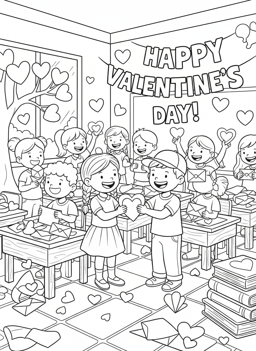 Valentines Day coloring page prompts celebrating love, connection, kindness, and heartfelt moments.	Children exchanging handmade Valentine cards in a classroom, colorful envelopes filling desks.