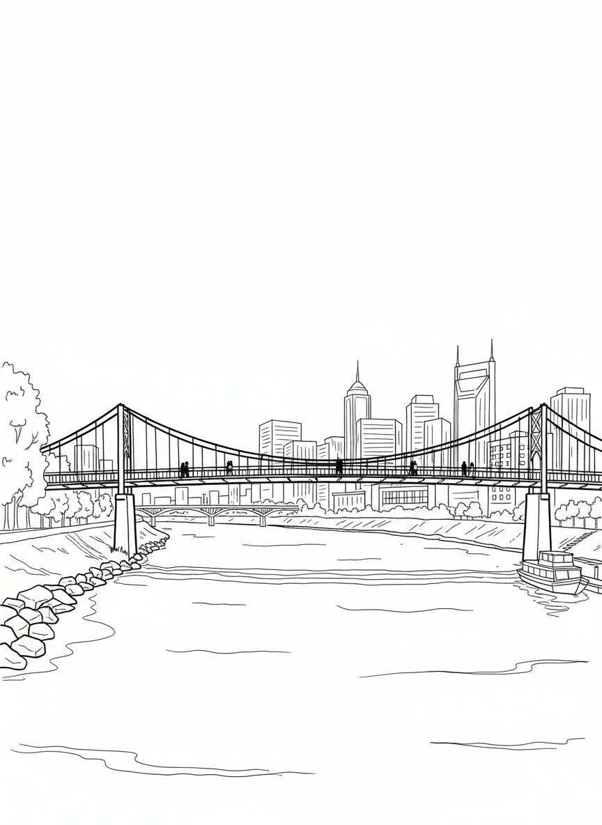 The Nashville pedestrian bridge spanning across water, with simple cityscape buildings visible in the background.