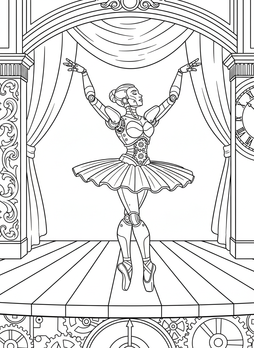 A dancing robot ballerina in a tutu pose with graceful mechanical arms extended and gears visible.