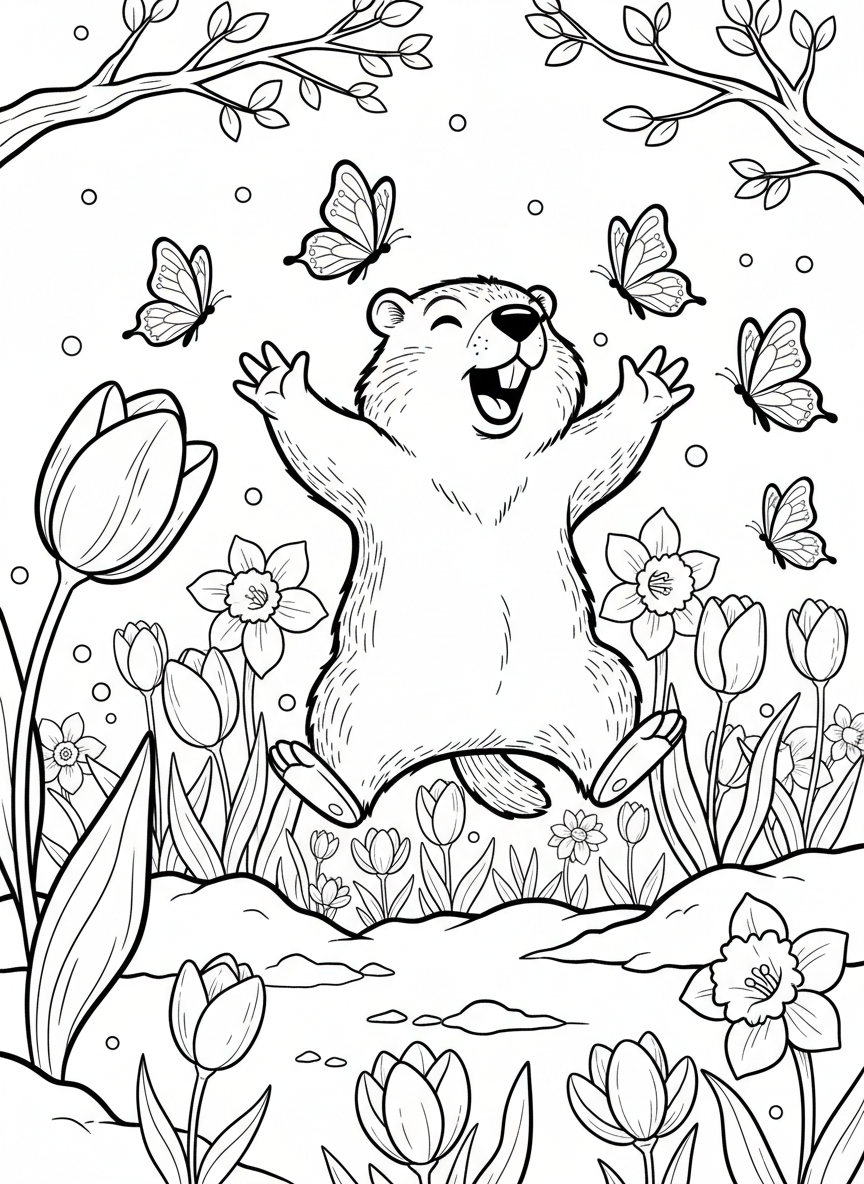 A playful groundhog jumping in the air with excitement, surrounded by spring flowers and butterflies emerging from snow