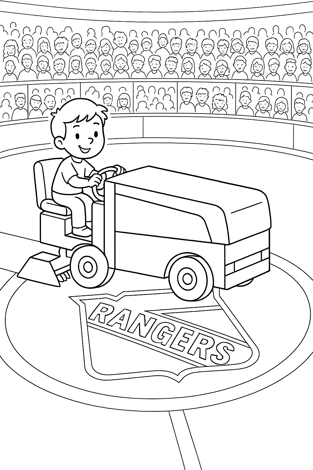 a young boy riding a zamboni around a large ice rink, show the new york rangers logo at center ice, with the stands filled with fans, the logo at center ice should say "RANGERS"