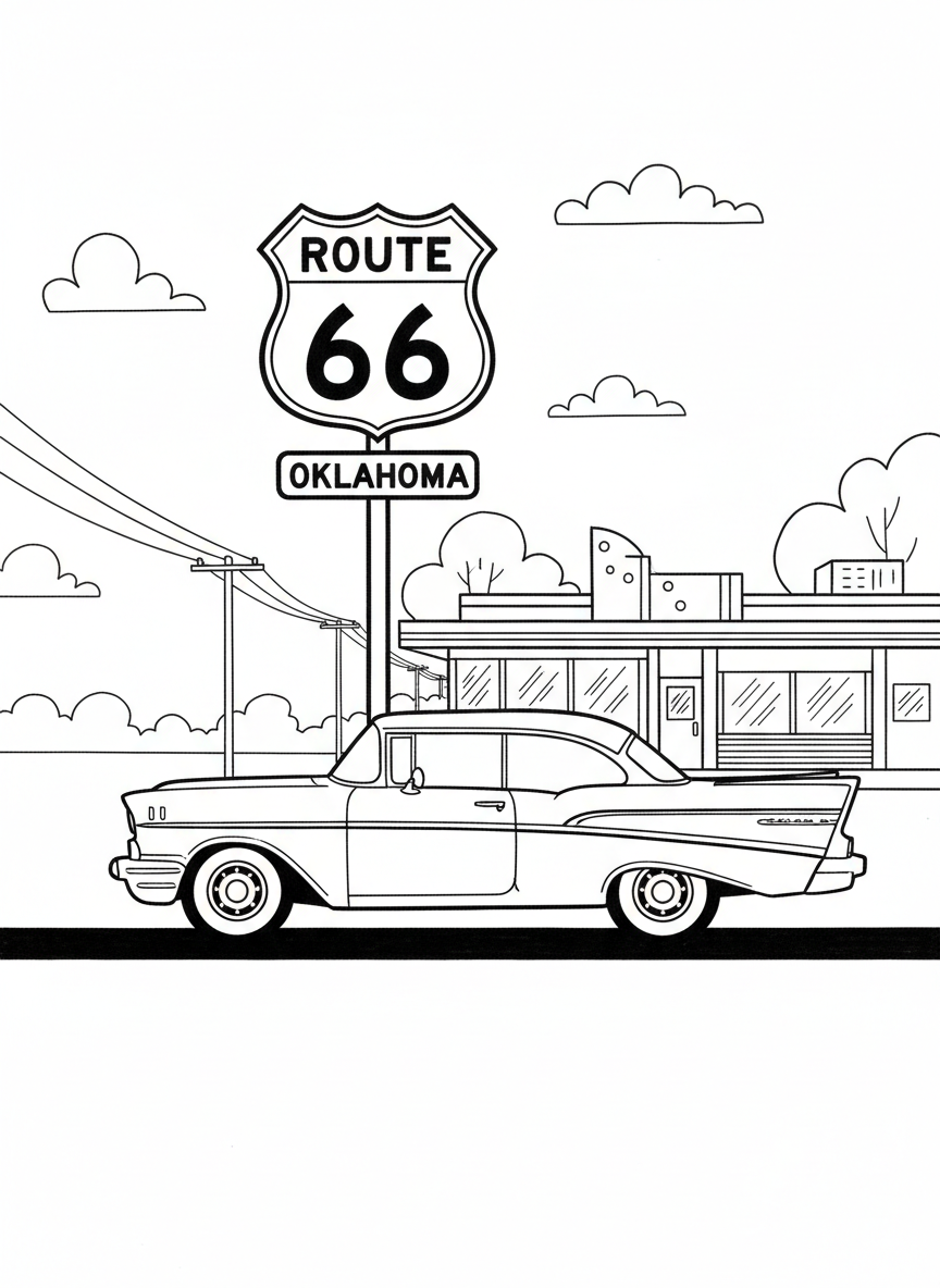 A vintage Route 66 sign with a classic car driving past, nostalgic Oklahoma roadside scene with simple shapes.
