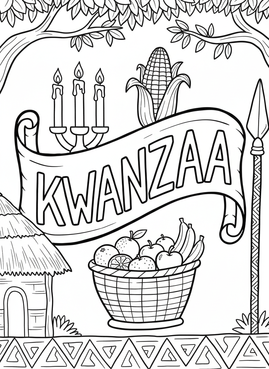 A decorative banner with the word KWANZAA spelled out in block letters, surrounded by small illustrations of candles, corn, and fruits.