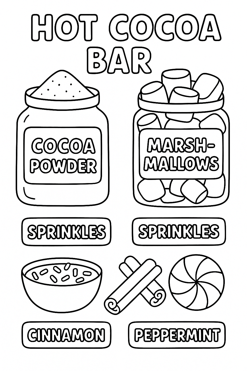Hot cocoa bar label pack: cocoa powder, marshmallows, sprinkles, cinnamon sticks, peppermint.