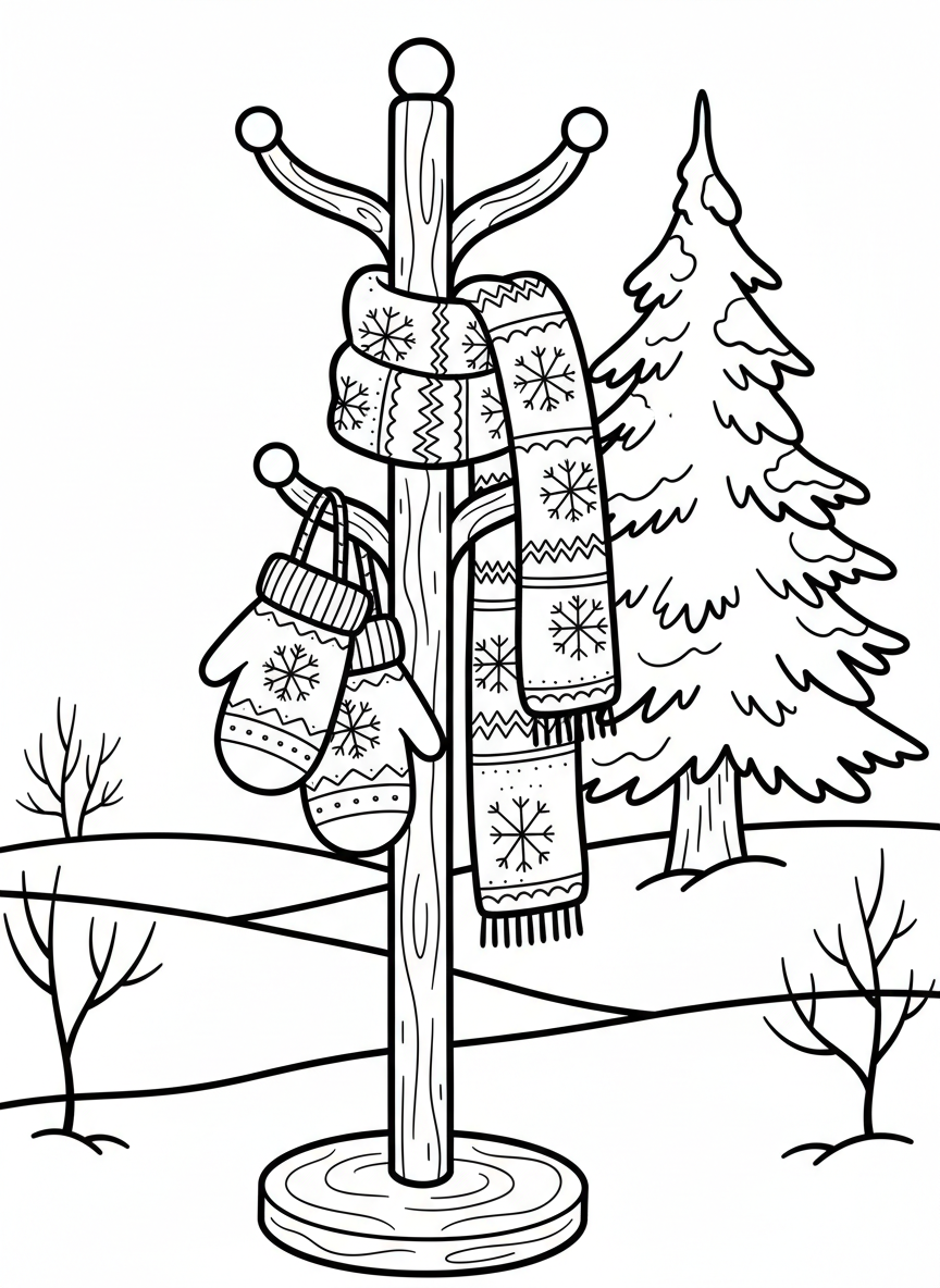 Mittens and a knitted scarf hanging on a coat rack, with snowflake patterns decorating the fabric