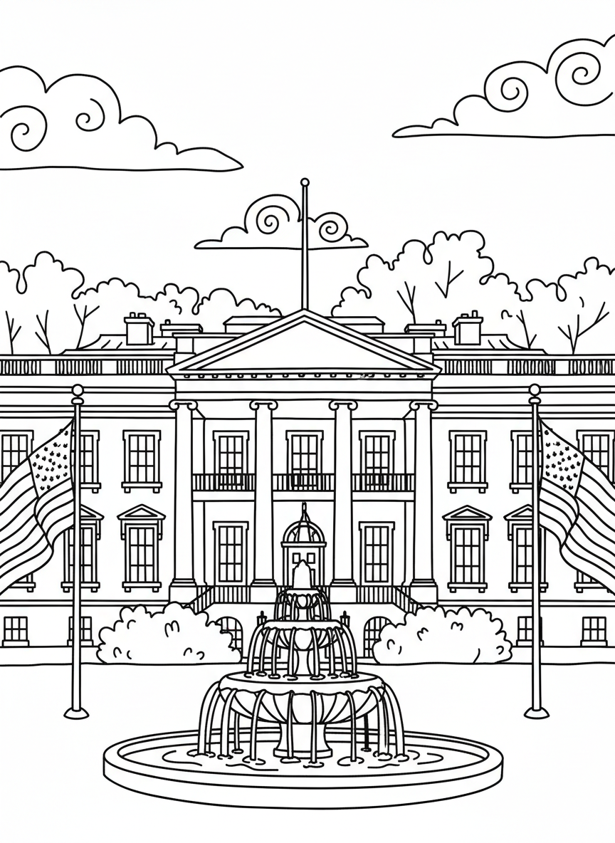 The White House building with a fountain in front, American flags on either side, and a clear sky above.