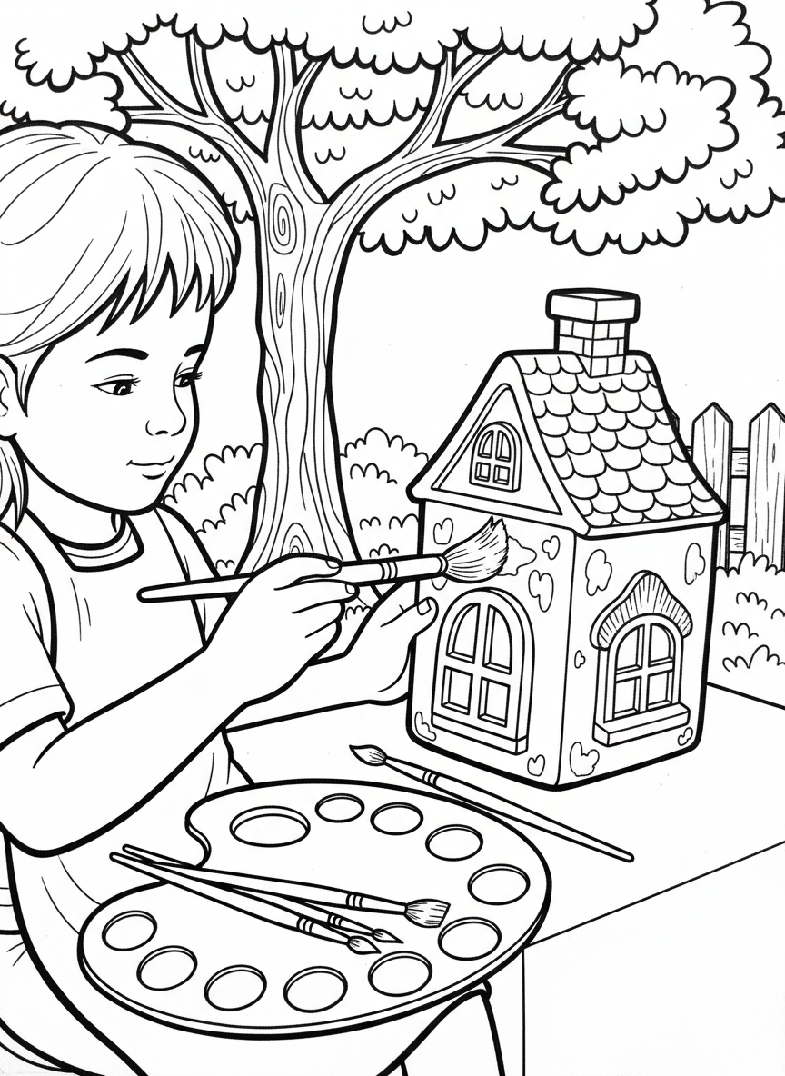 A child painting a ceramic cookie jar shaped like a house, with detail brushes and a color mixing palette visible.