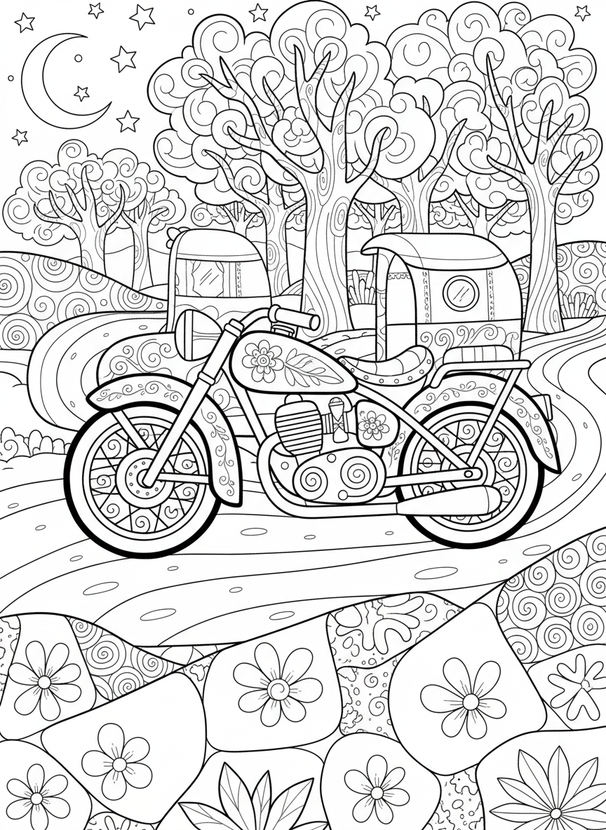A vintage-style handcrafted motorcycle with sidecar, decorated with simple floral patterns, folk art line art for coloring