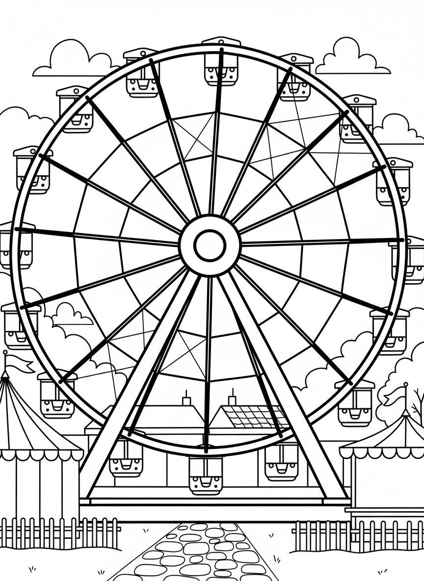 A carnival Ferris wheel with passenger cars, tall structure with spokes radiating from the center hub.