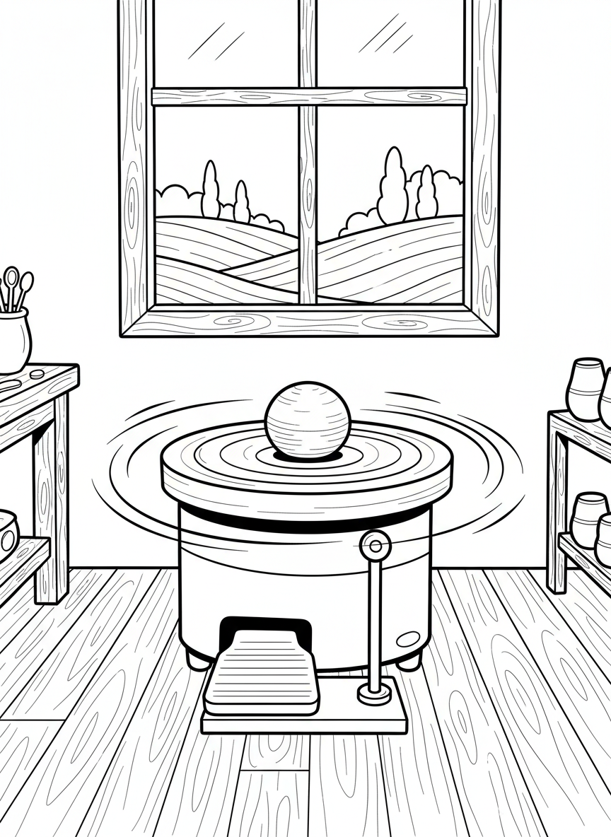 Simple pottery wheel diagram showing the wheel head, pedal, and a centered ball of clay with motion lines.