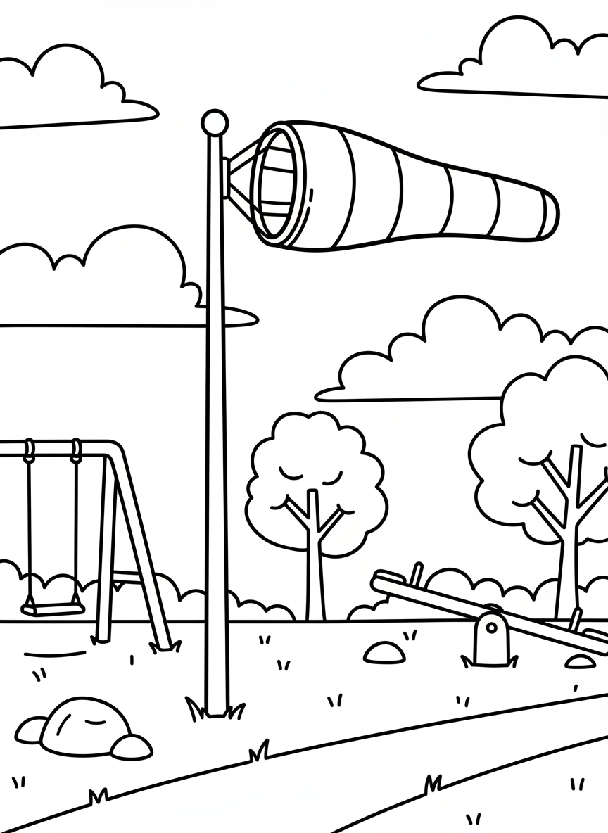A windsock blowing in the breeze at a park with clouds above, simple outdoor equipment