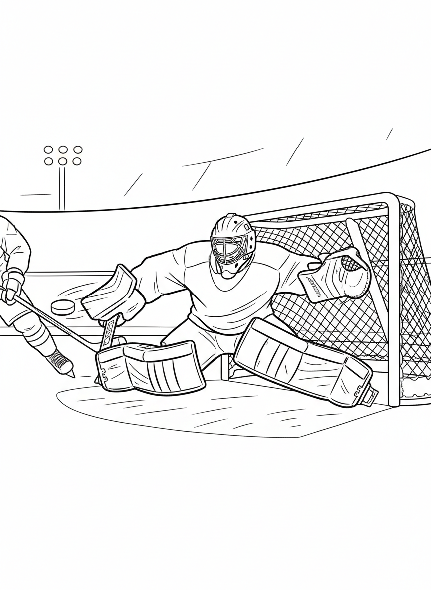 A hockey goalie making a save, stretching out to block the puck with their glove, exciting moment