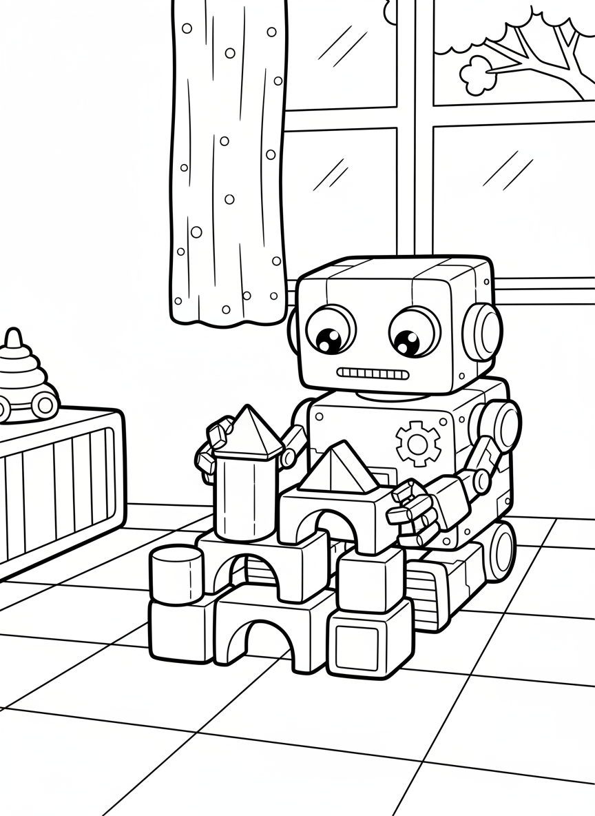 A small boxy robot playing with building blocks on the floor, stacking colorful shapes with its mechanical claw hands.