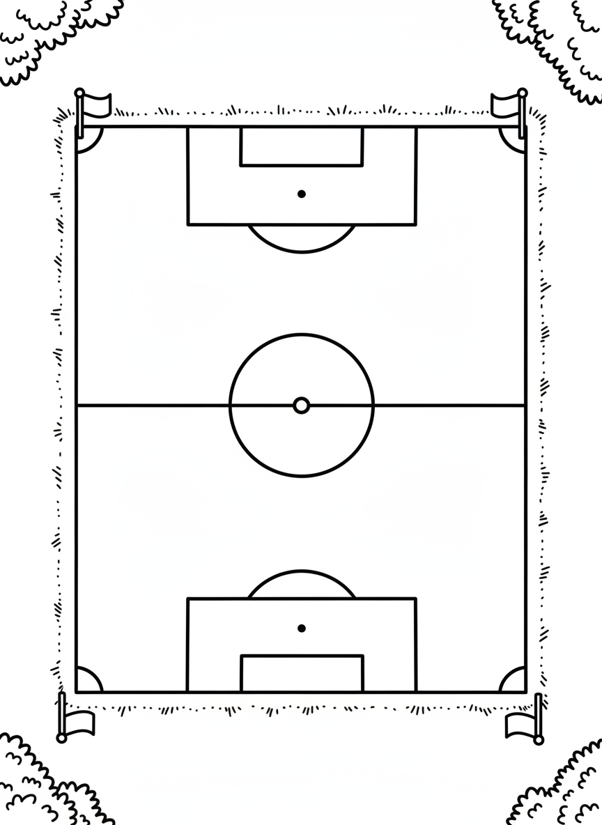 A simple soccer field layout from above showing the center circle, goal boxes, and corner flags