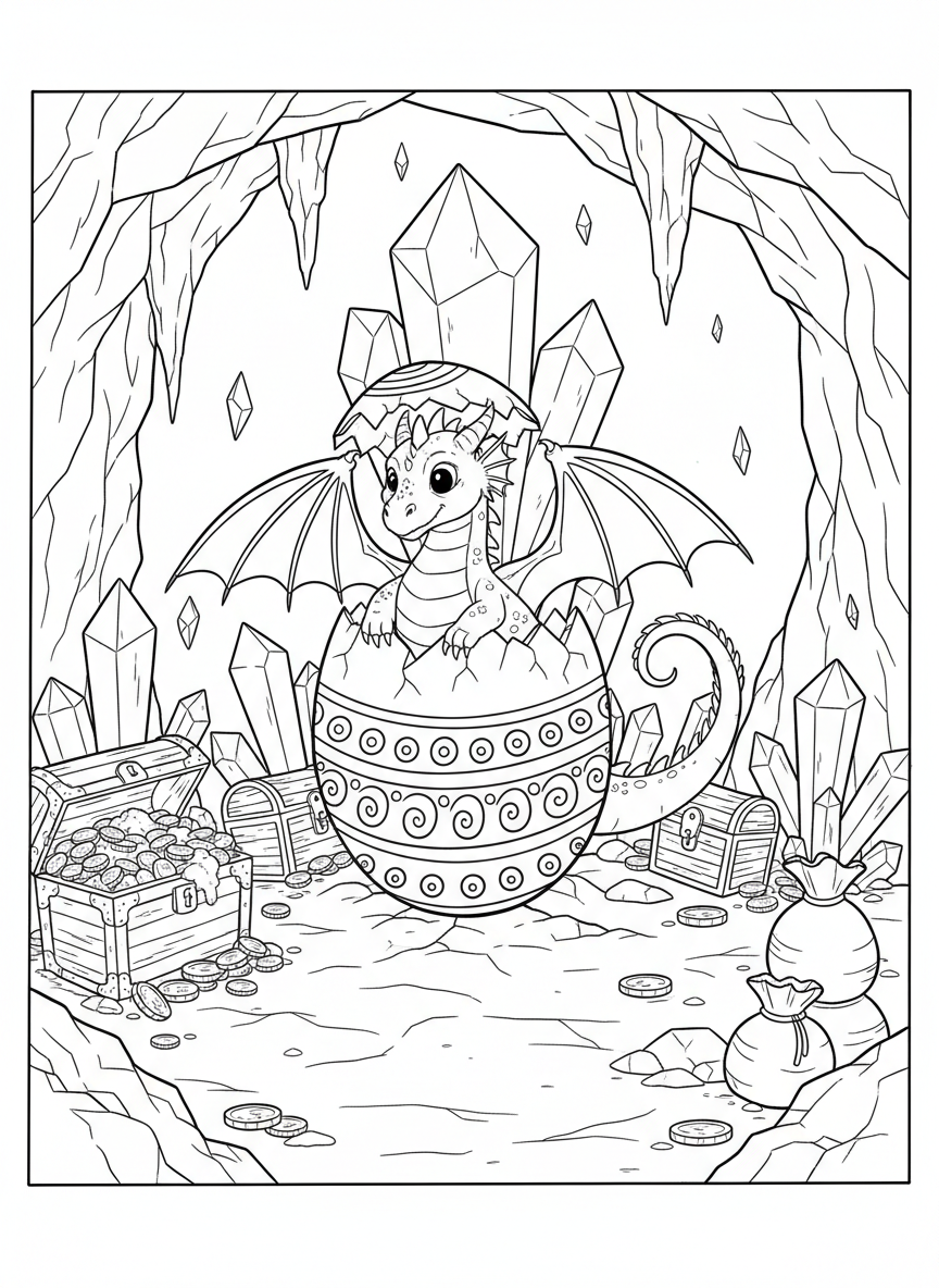 A baby dragon hatching from a large decorated egg in a cozy cave filled with treasure and crystals.