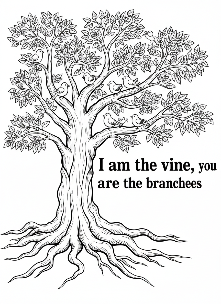 A tree with strong roots and full branches, birds perched on limbs, with 'I am the vine, you are the branches' text below.