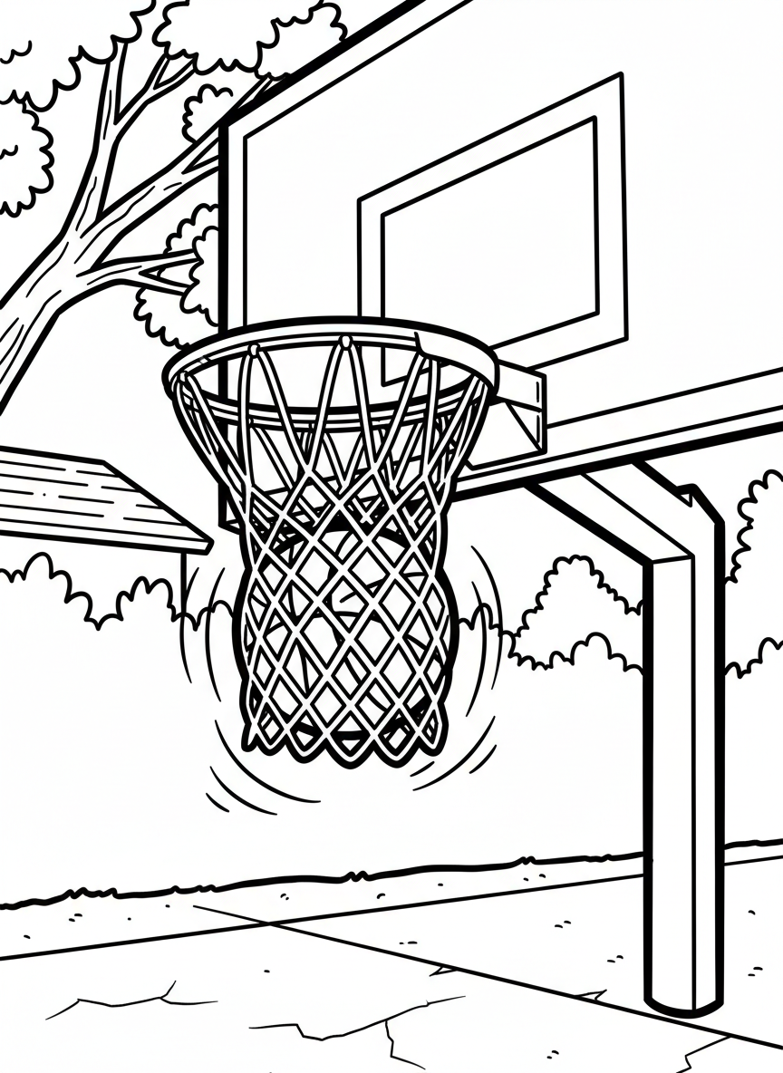 A basketball going through the net making a swish, close-up of the hoop and net with the ball dropping through.