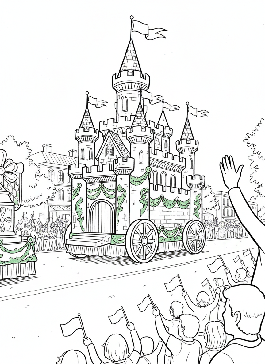 A parade float shaped like a giant castle with towers and flags, covered in green and gold decorations.