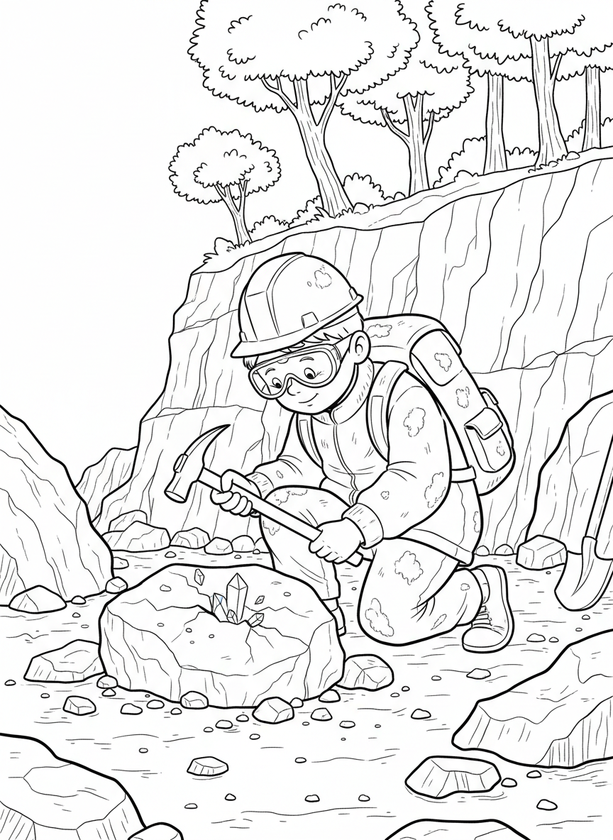 Child wearing safety goggles gently tapping a rock with a geology hammer to split it and see what's inside.