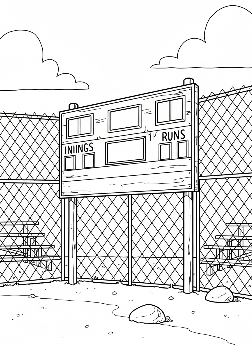 A Little League scoreboard showing innings and runs, with a baseball field fence and bleachers in the background.