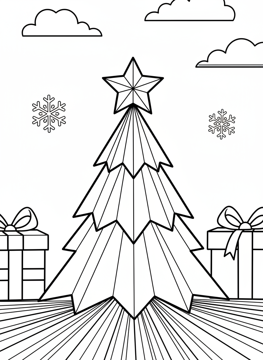 A festive origami Christmas tree with multiple tiers, showing triangular folds creating branches and a star on top, standing upright.