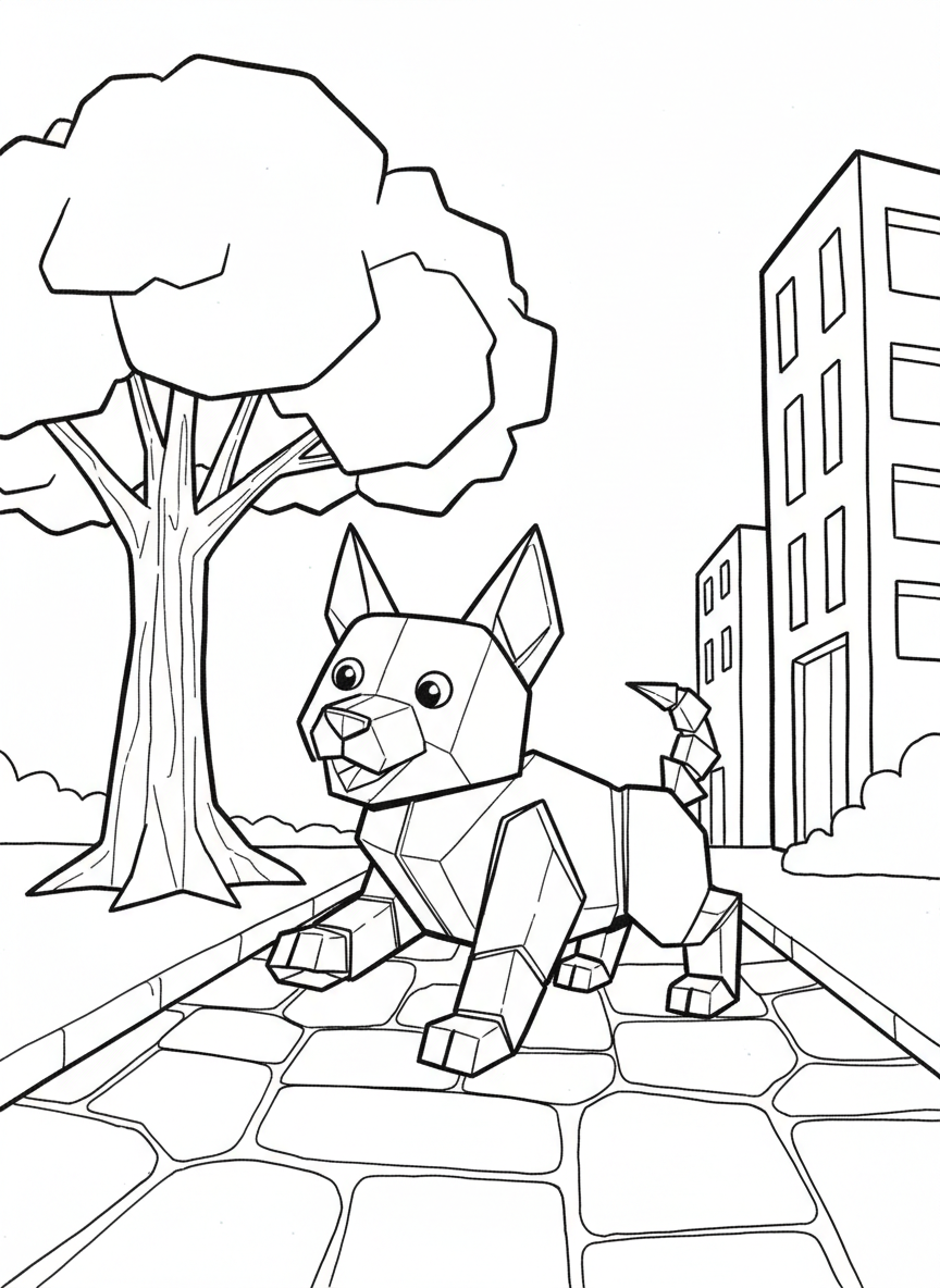 A friendly origami robot dog with geometric folded paper body, triangle ears, and square paws, standing in a playful pose with simple angular shapes