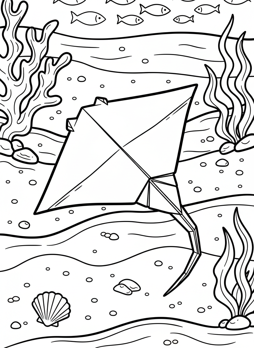 An origami stingray gliding along sandy bottom, flat diamond body with fold lines, and barbed tail trailing behind