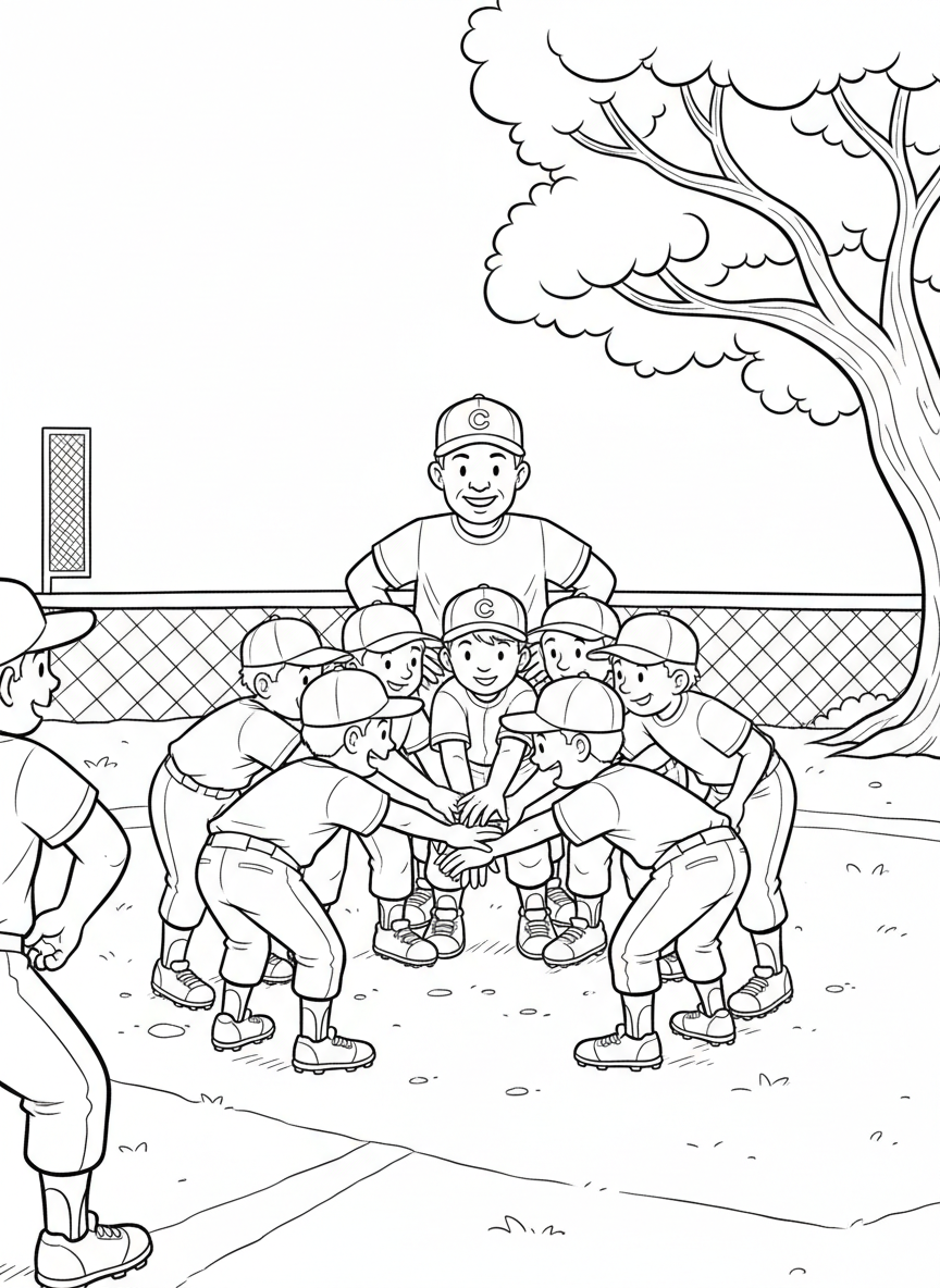 A Little League baseball team huddled in a tight circle before the game, all hands stacked together in the middle for a pregame cheer, coach smiling proudly behind the group on the infield dirt.