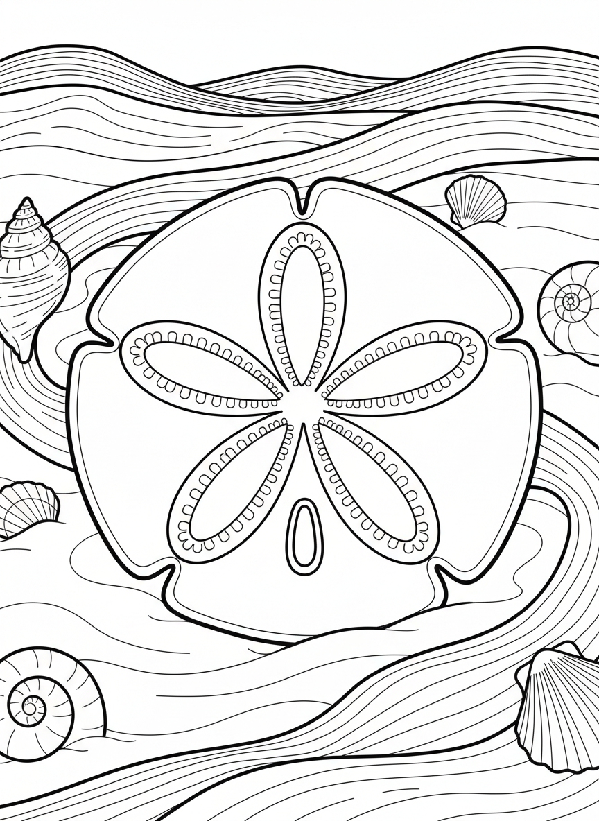 A decorative sand dollar lying on smooth sand with gentle wave patterns and small shells around it.