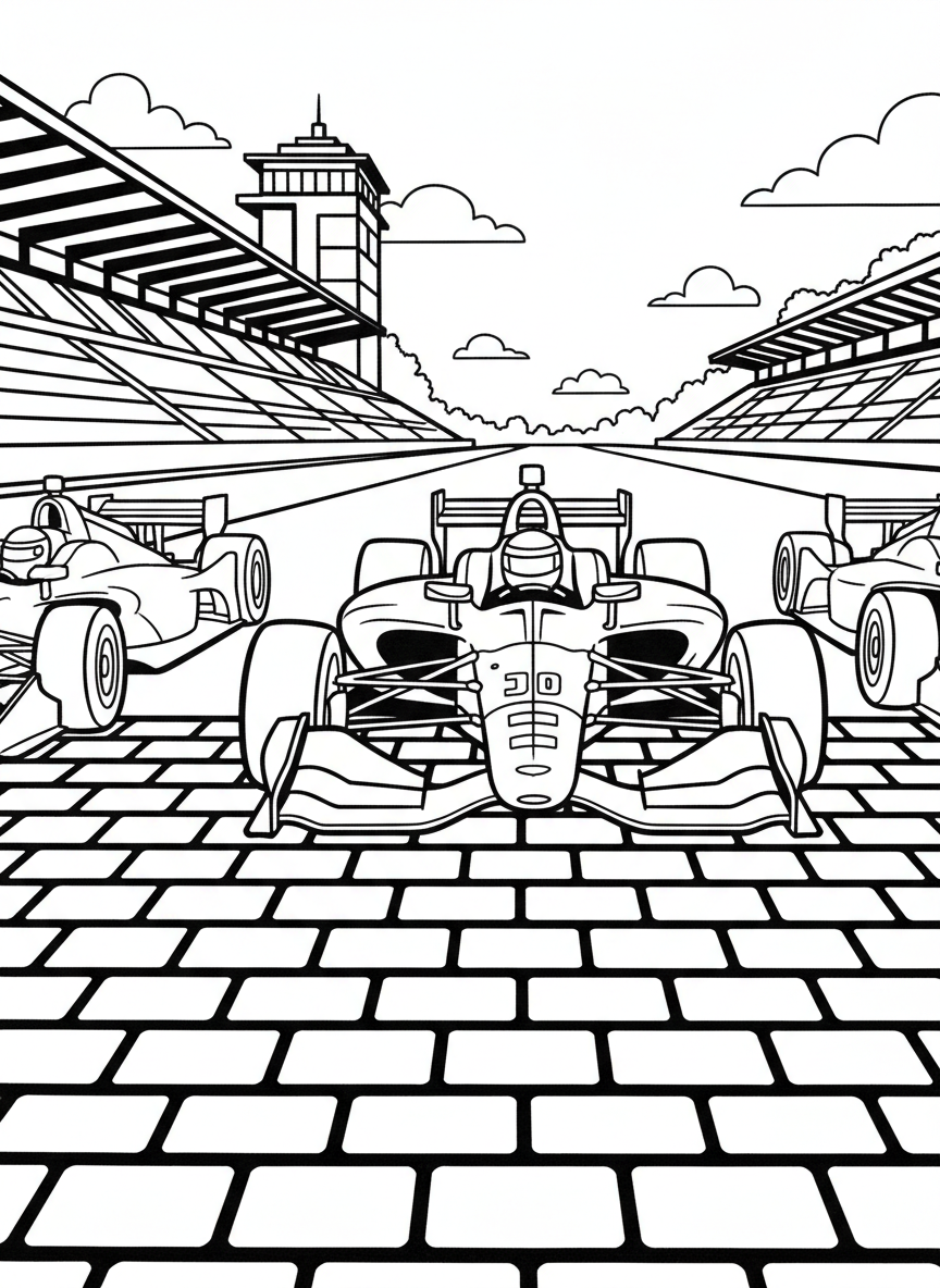 The famous Yard of Bricks start-finish line at Indianapolis Motor Speedway with race cars approaching, showing the distinctive brick pattern.