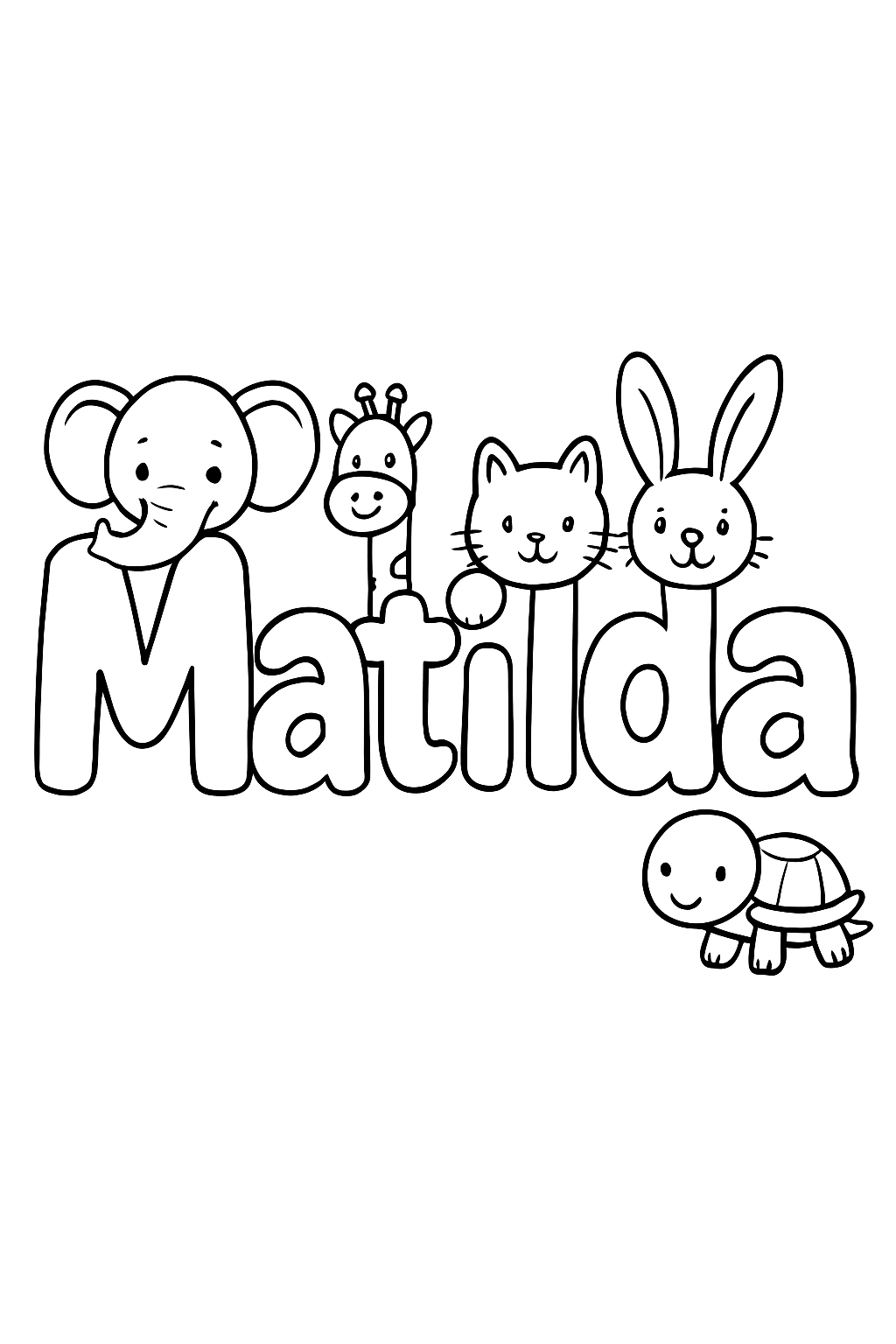 The name “Matilda” in bubble letters with cartoon animals peeking out of each letter. make the name all on one line, capitalize only the first letter