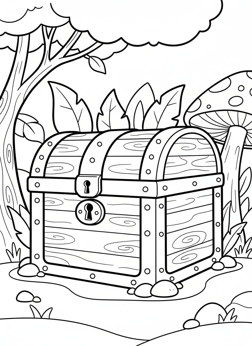 A simple treasure chest with a big keyhole and metal bands, closed and waiting to be opened, perfect for young children