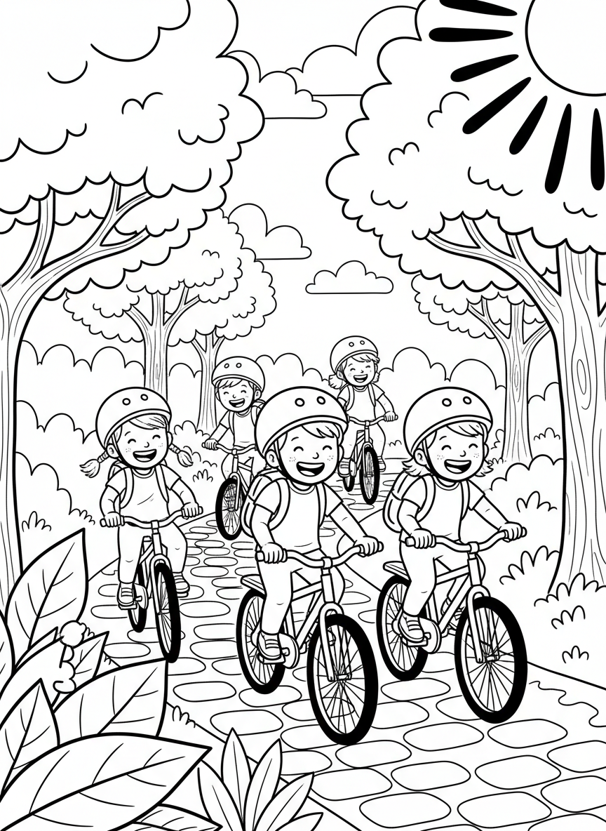 Children riding bicycles to school together on a path through a park, wearing backpacks and helmets, promoting eco-friendly transportation.