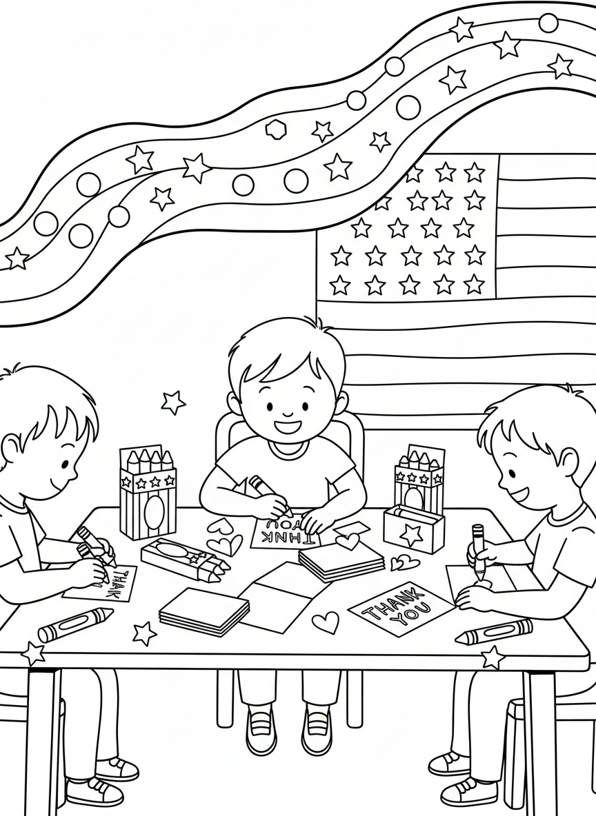 Children making thank you cards at a table with crayons, paper, and patriotic decorations like stars and stripes.