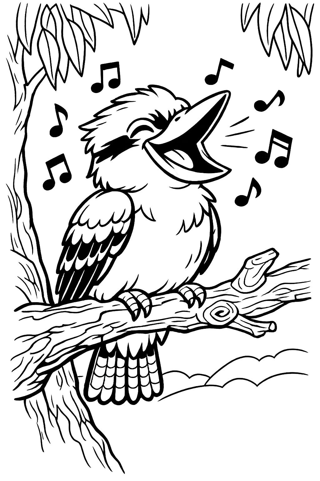 Kookaburra Laugh: A kookaburra bird sitting on an old gum tree branch, with its beak open in a "laughing" pose, surrounded by musical notes.