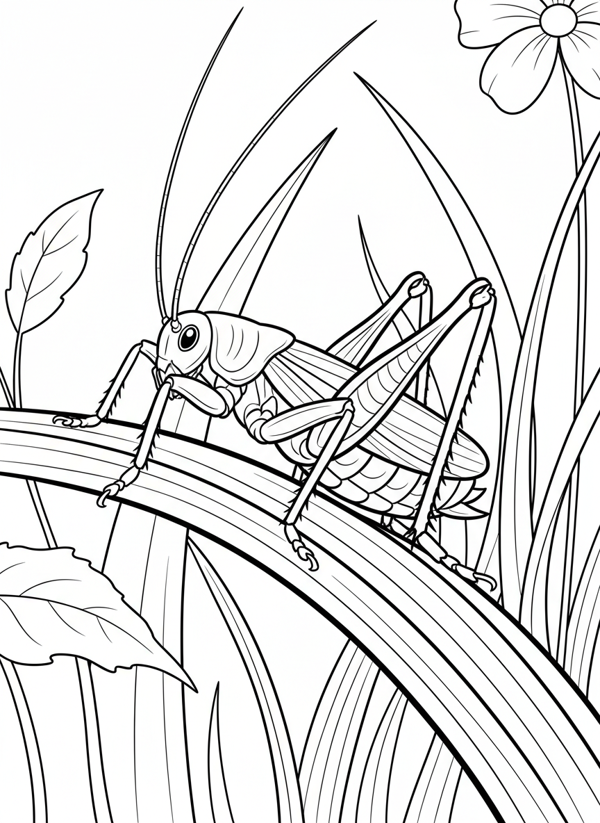 A cricket on a blade of grass with long antennae and detailed legs, side view.